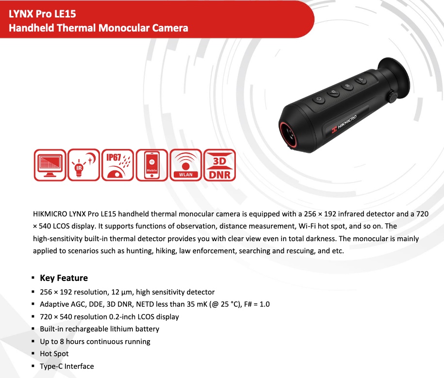 HIKMICRO Monocolo Termico LYNX LE15 zoom 1.42-11.6x